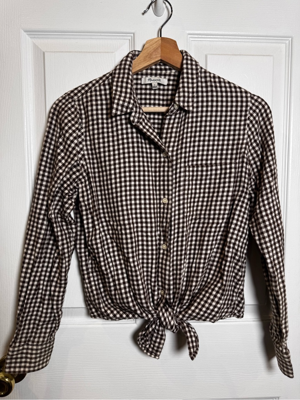 Madewell Flannel Tie-Front Shirt Gingham Dark Coffee Brown 100% Cotton Small